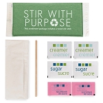 Amenity Services Stir With Purpose Paper Wrapped Condiments Double Sugar, Cream, Sweetner, Single Wood Stirrer, Napkin 500 Per Case Price Per Case